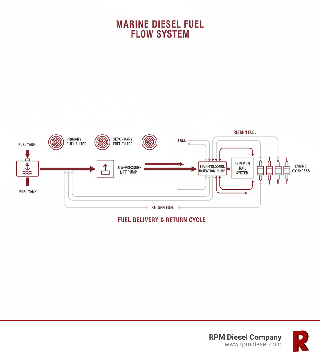 Infographic showing the complete marine diesel fuel flow system, starting from the fuel tank, through primary and secondary fuel filters, to the low-pressure lift pump, then to the high-pressure injection pump or common rail system, and finally to the fuel injectors in the engine cylinders, with return lines back to the tank - diesel fuel pump replacement infographic 