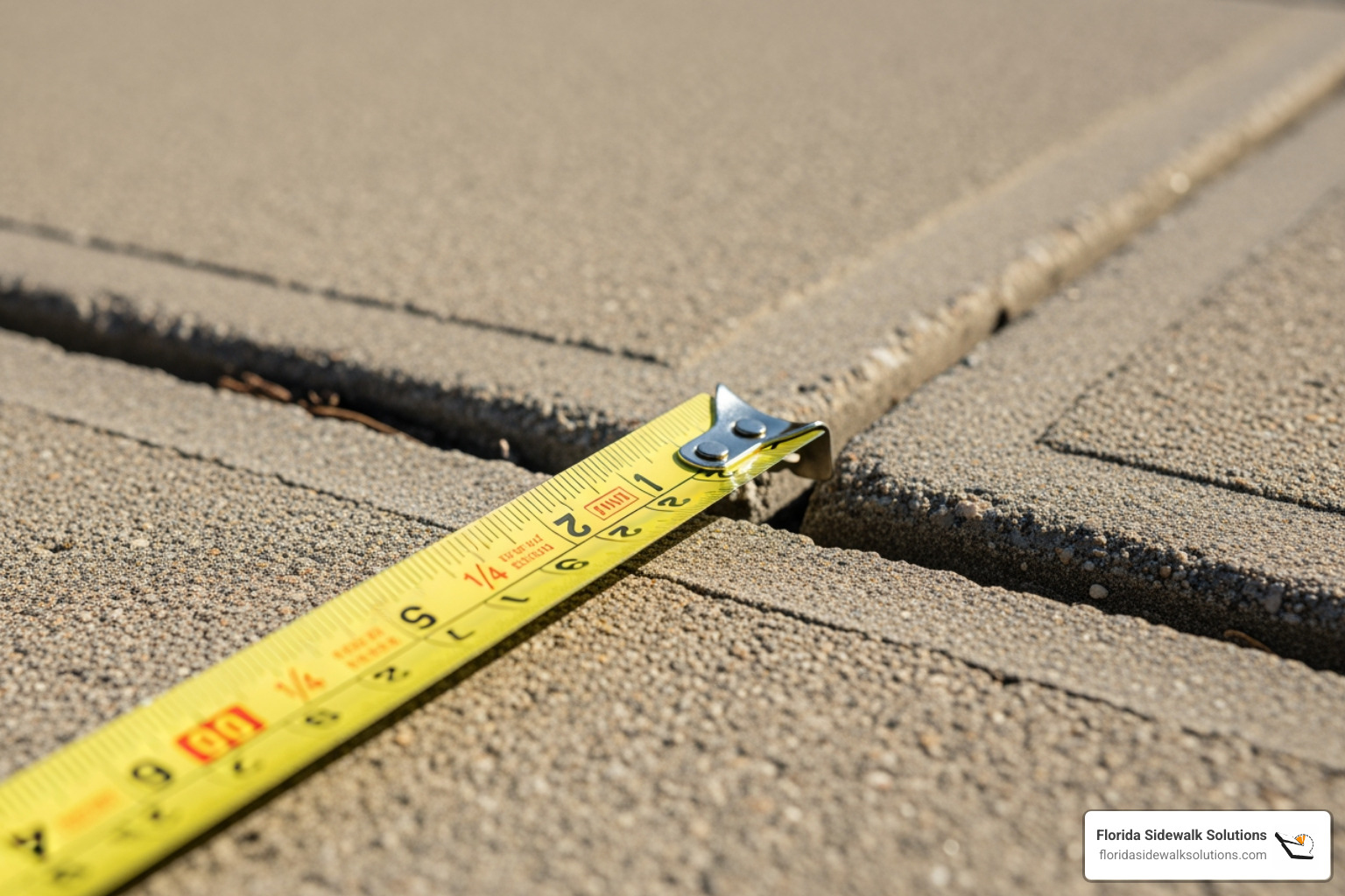 of a measuring tape showing a 1/4-inch vertical trip hazard on a concrete sidewalk - ADA compliance solutions of a measuring tape showing a 1/4-inch vertical trip hazard on a concrete sidewalk - ADA compliance solutions