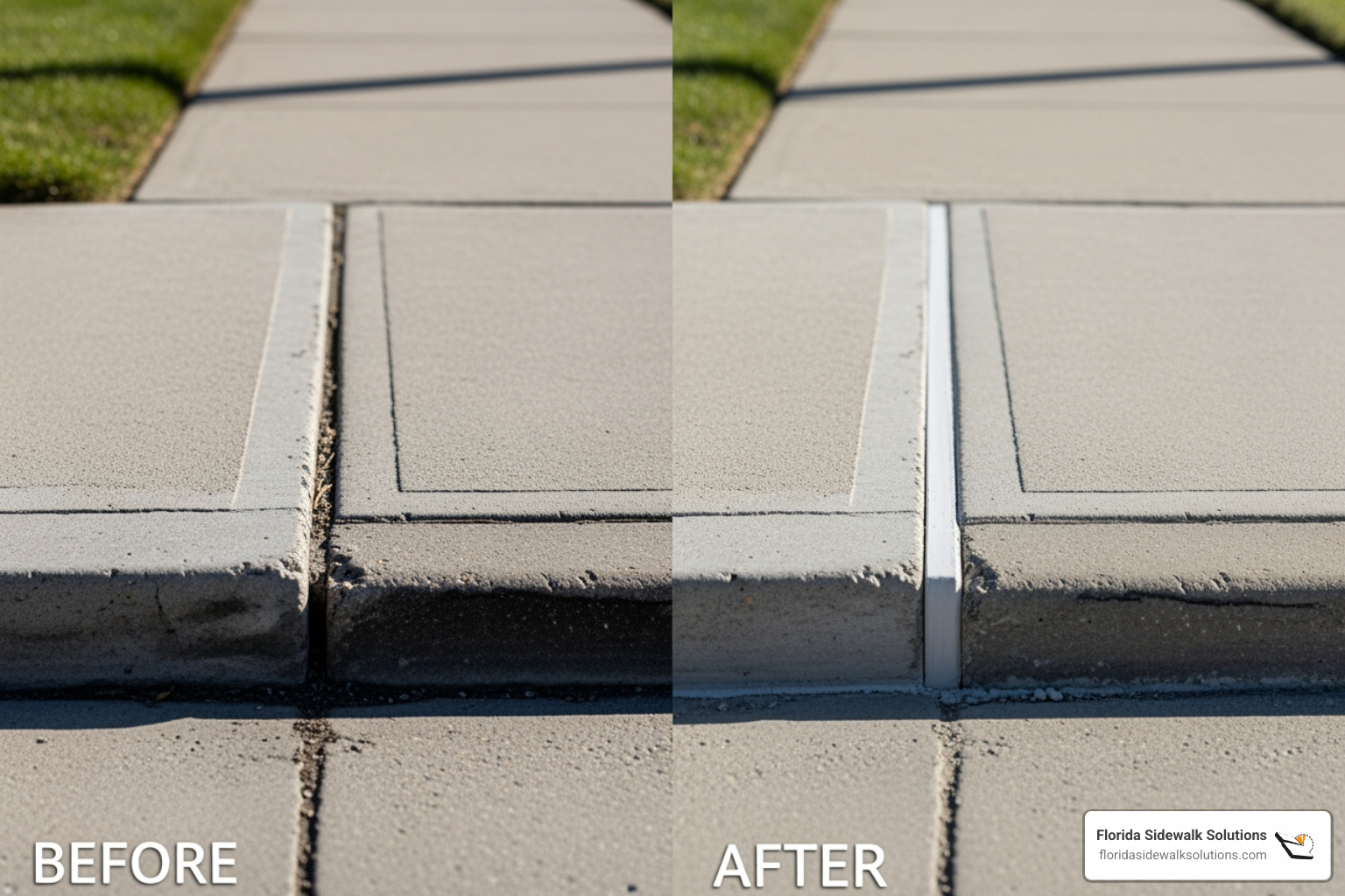 showing a before-and-after of a sidewalk trip hazard repaired with precision cutting - ADA compliance solutions showing a before-and-after of a sidewalk trip hazard repaired with precision cutting - ADA compliance solutions