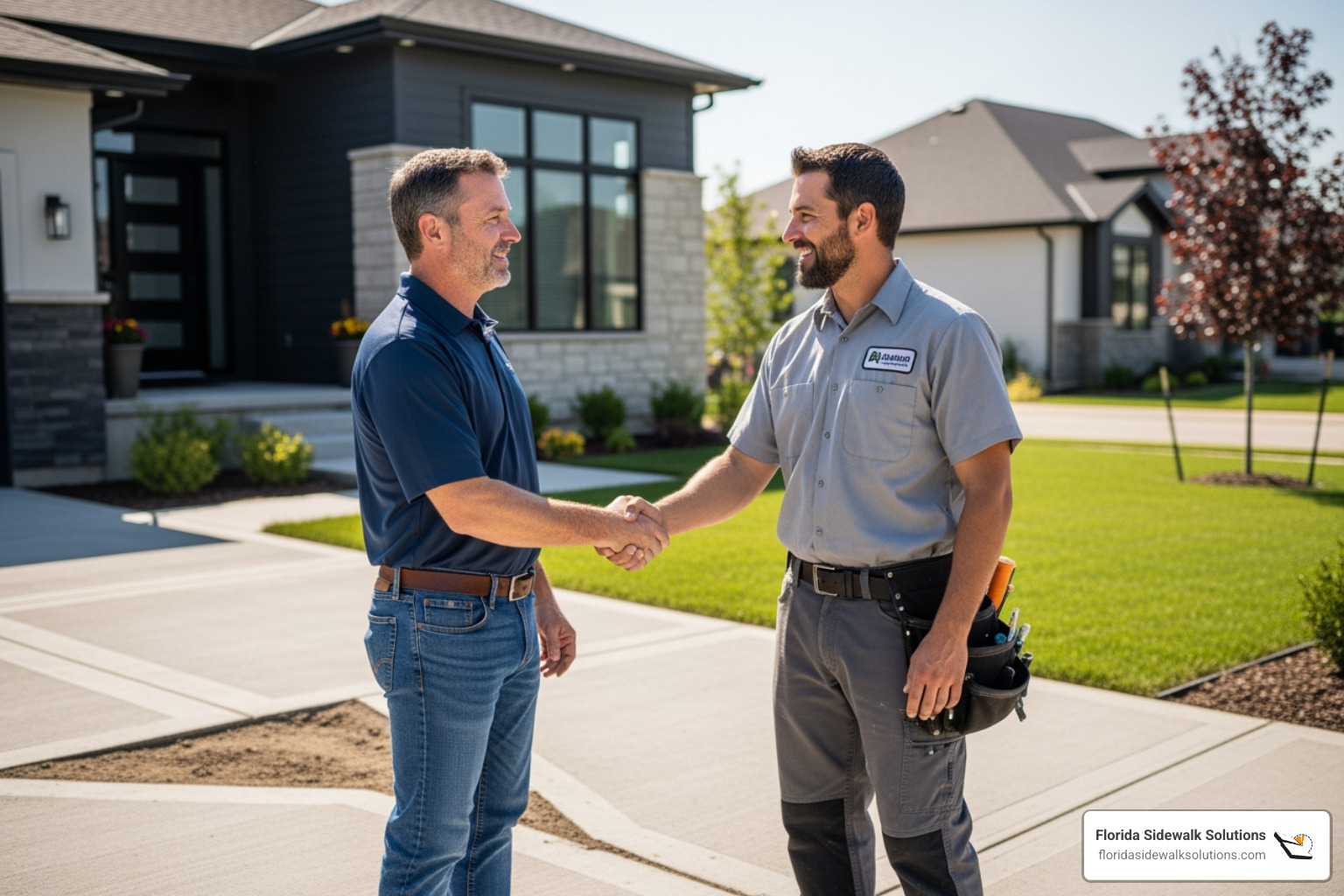 of a homeowner shaking hands with a Florida Sidewalk Solutions technician - concrete leveling cost of a homeowner shaking hands with a Florida Sidewalk Solutions technician - concrete leveling cost