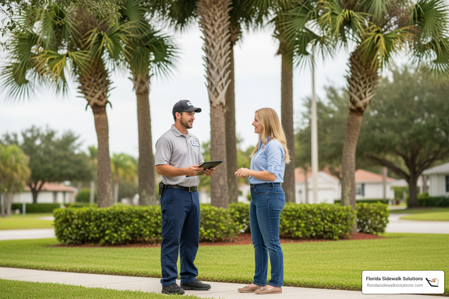 of a Florida Sidewalk Solutions technician providing a quote for a sidewalk repair project - concrete leveling cost of a Florida Sidewalk Solutions technician providing a quote for a sidewalk repair project - concrete leveling cost