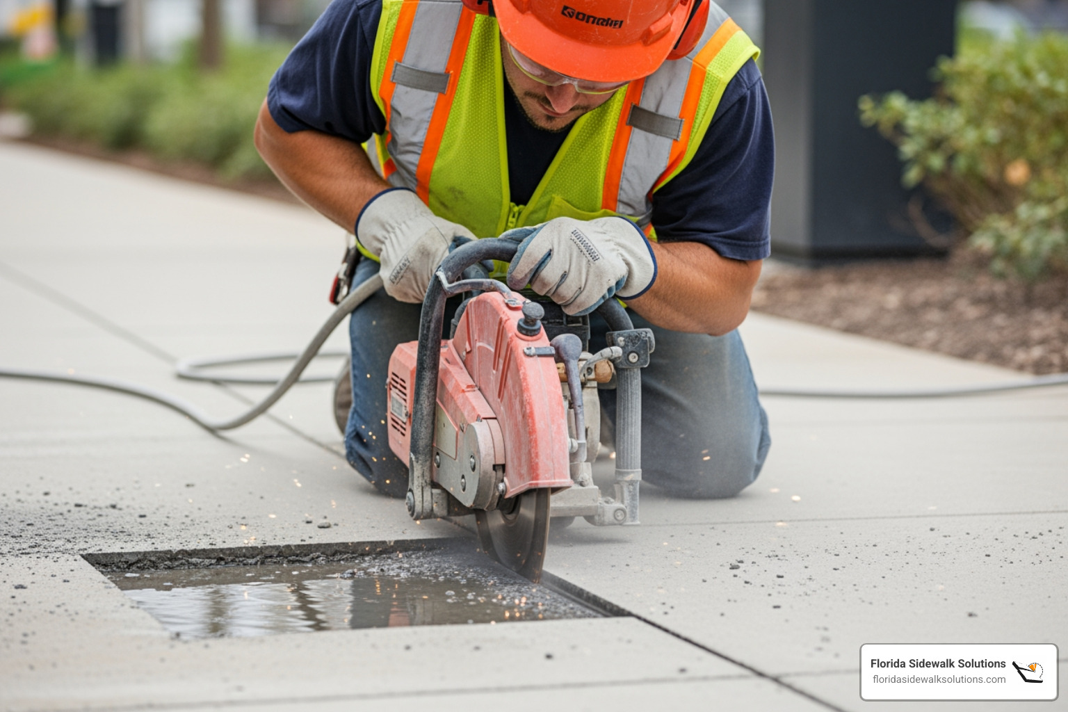 of Florida Sidewalk Solutions' patented sidewalk cutting method in action - concrete leveling cost of Florida Sidewalk Solutions' patented sidewalk cutting method in action - concrete leveling cost