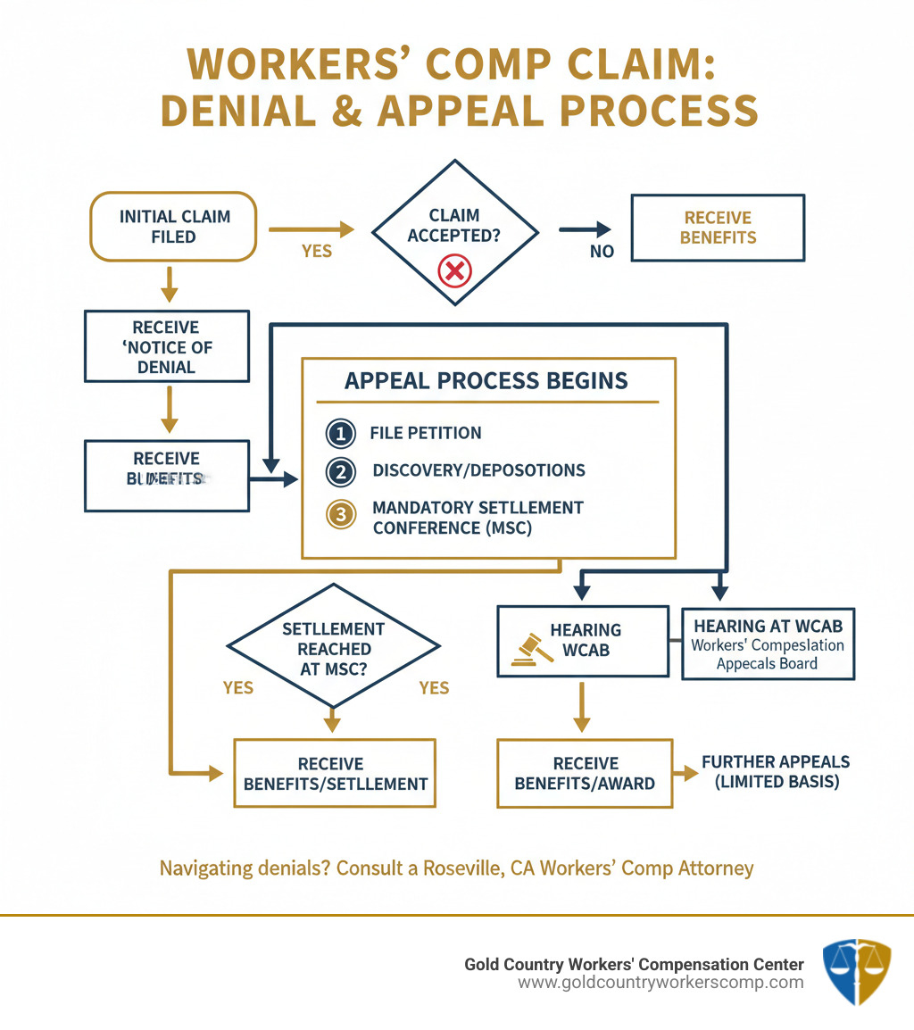 Flowchart of the claim denial and appeal process - workers comp attorney roseville ca infographic 