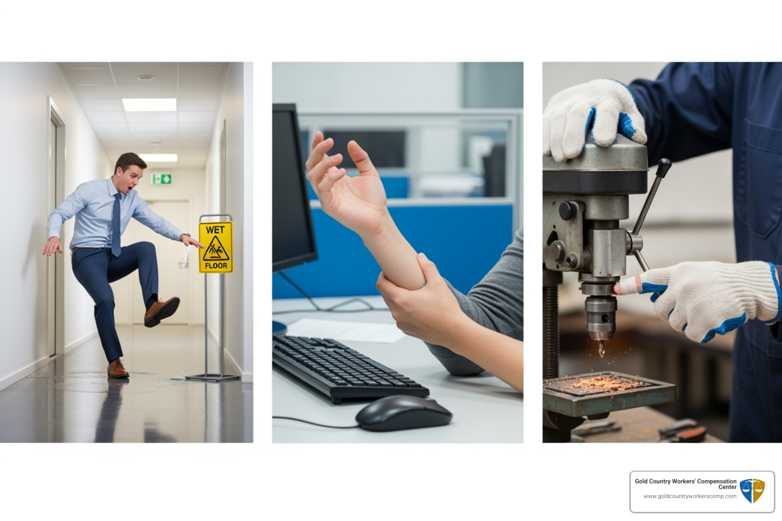 Diagram showing common workplace injuries like falls, repetitive stress, and equipment accidents - workers comp attorney roseville ca