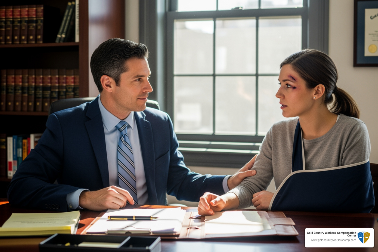 lawyer compassionately consulting with an injured client - workers comp attorney roseville ca