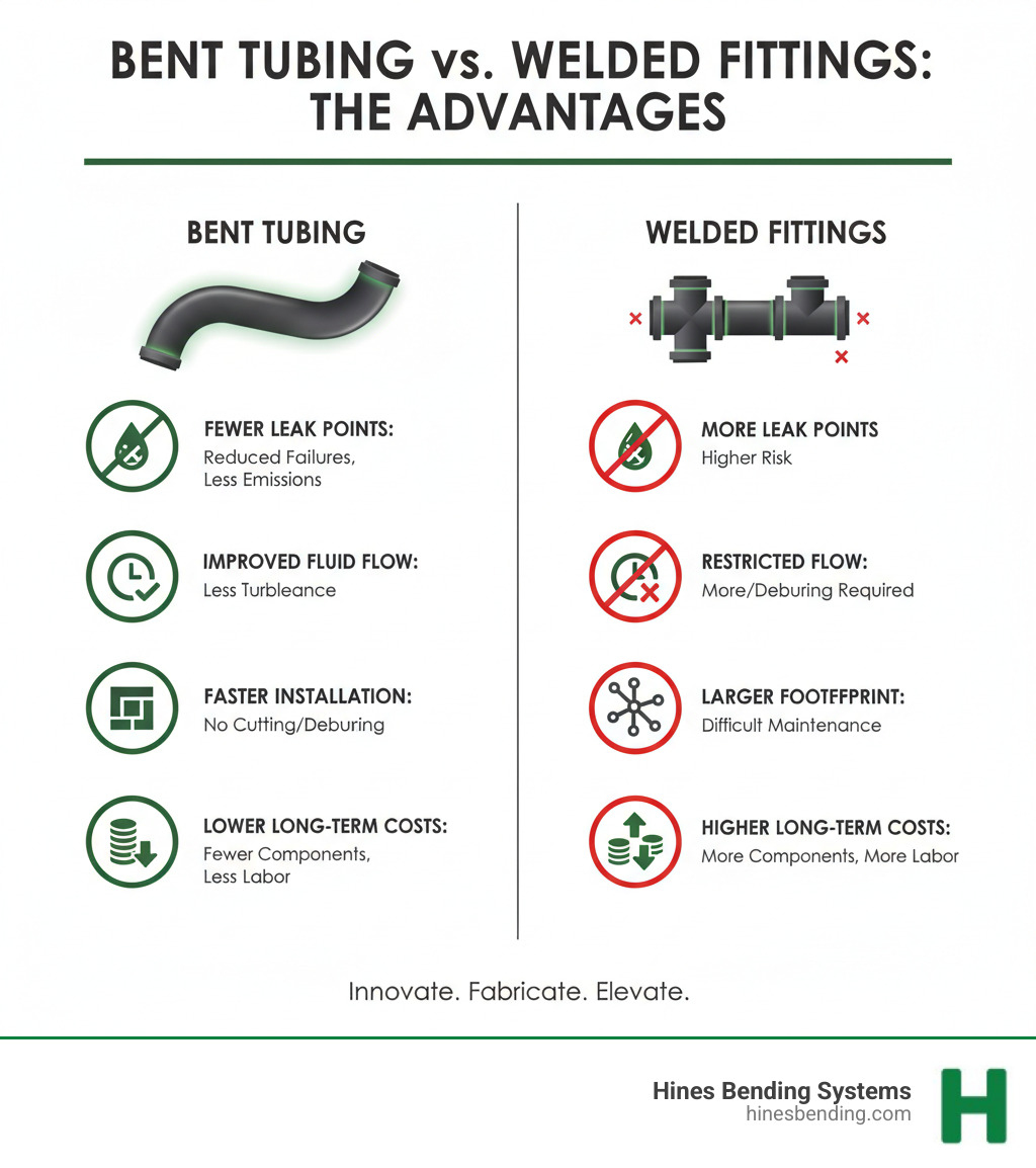 Infographic showing the benefits of bent tubing versus welded fittings: Fewer leak points reducing potential failures and fugitive emissions, improved fluid flow with less turbulence compared to multiple fittings, reduced installation time by eliminating cutting and deburring for each directional change, smaller system footprint allowing easier maintenance access, and lower long-term costs through reduced components and labor - bending tube infographic 