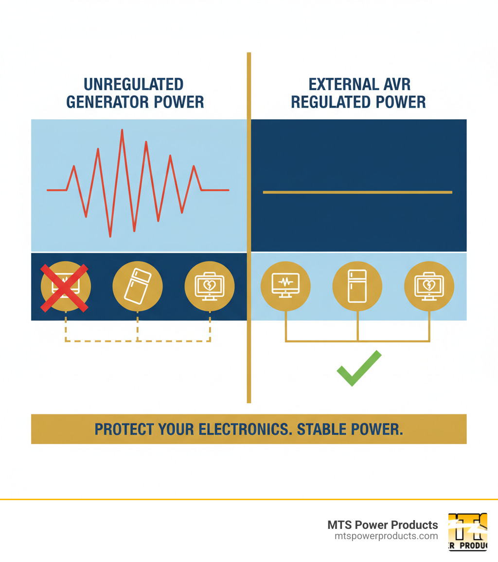 Infographic comparing unregulated generator output shown as a wavy, fluctuating voltage line graph versus regulated output from an external AVR shown as a straight, stable horizontal voltage line, with icons representing protected electronics like computers, refrigerators, and medical equipment - external avr for generator infographic 