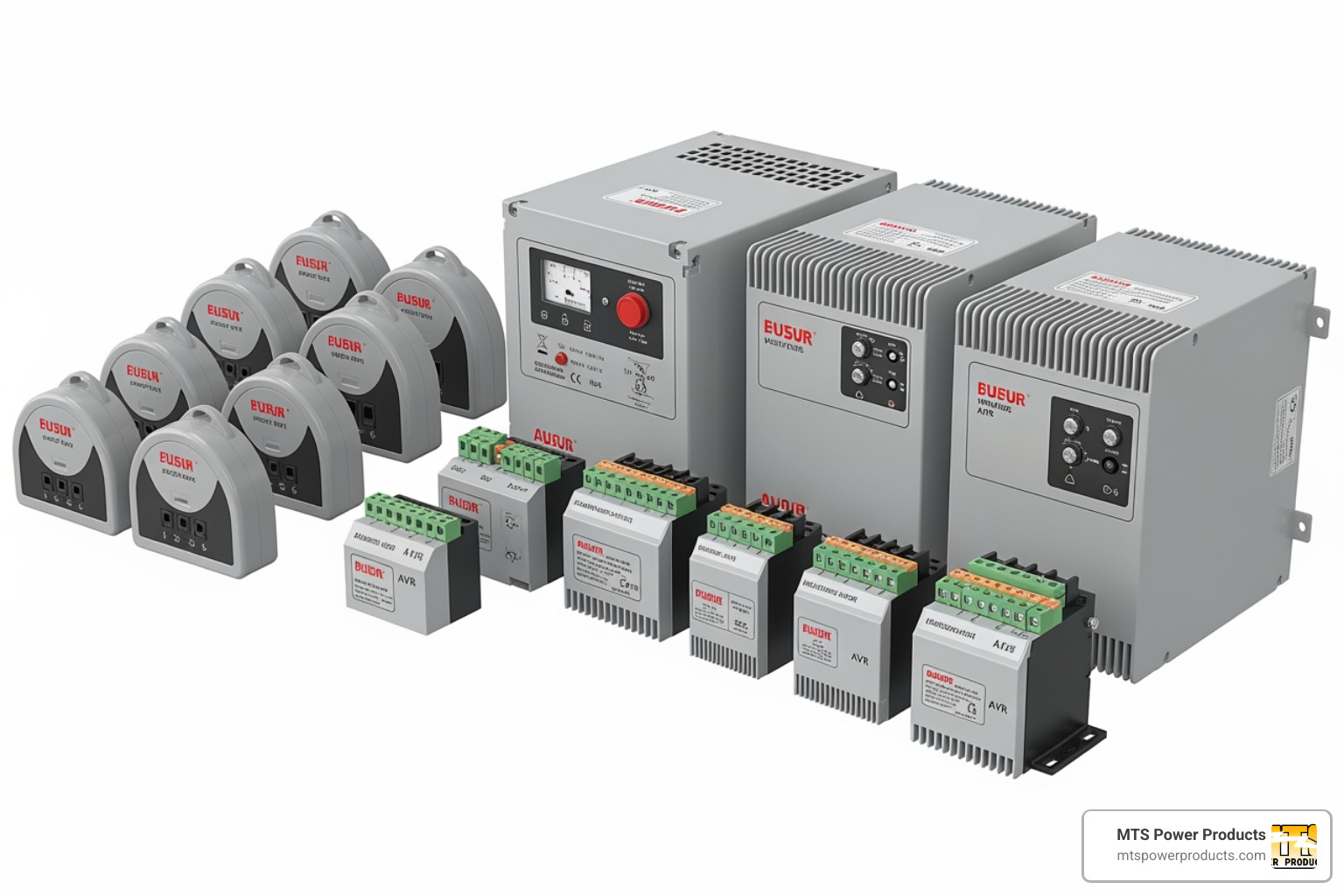 A collection of external AVRs, showing compact half-moon shaped units for smaller generators, and larger rectangular box-style units with more terminals for higher capacity generators - external avr for generator