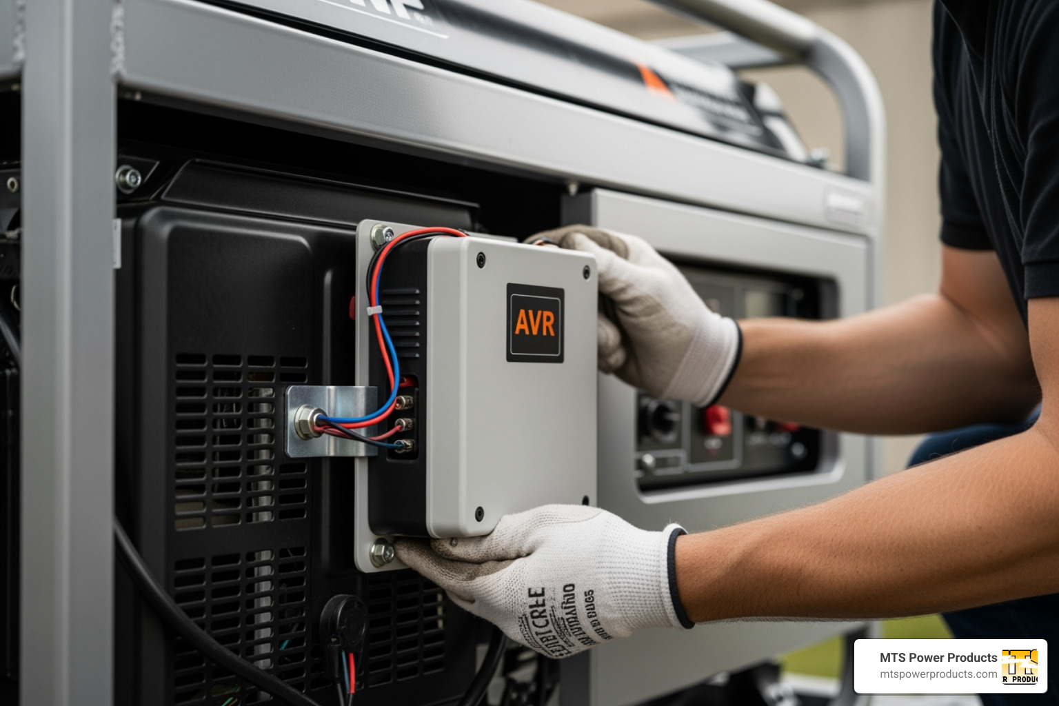 A person securely mounting an external AVR box onto the robust metal frame of a generator, ensuring it's in a well-ventilated area with visible wiring connections - external avr for generator