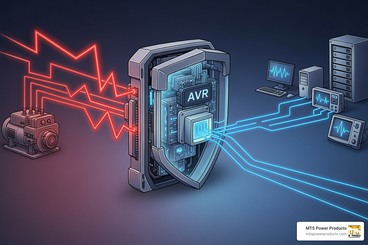 A diagram illustrating an external AVR as a protective shield between the generator's fluctuating output and sensitive connected appliances, showing smooth power flowing to devices - external avr for generator
