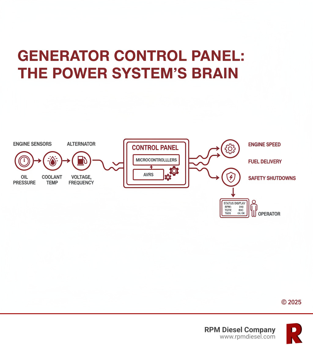Infographic showing the generator control panel's role in the power system: receives inputs from engine sensors (oil pressure, coolant temperature, fuel pressure) and alternator (voltage, frequency), processes this data through microcontrollers and AVRs, then outputs control signals to manage engine speed, fuel delivery, and safety shutdowns while displaying status information to the operator - generator control panel repair infographic Infographic showing the generator control panel's role in the power system: receives inputs from engine sensors (oil pressure, coolant temperature, fuel pressure) and alternator (voltage, frequency), processes this data through microcontrollers and AVRs, then outputs control signals to manage engine speed, fuel delivery, and safety shutdowns while displaying status information to the operator - generator control panel repair infographic