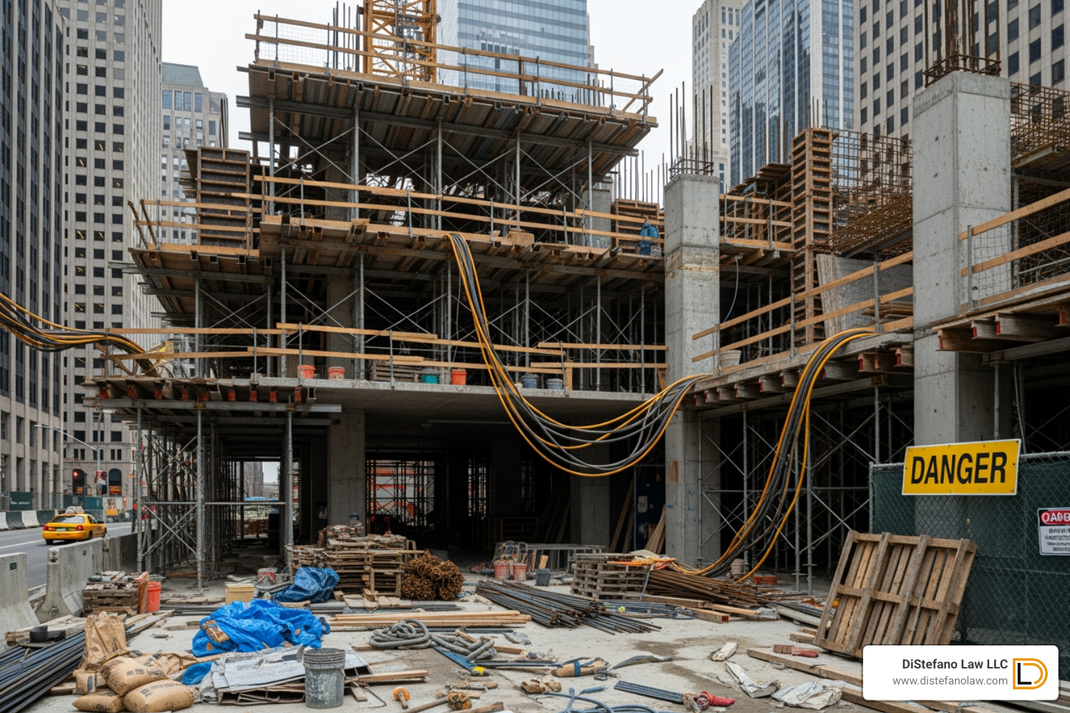 A hazardous construction site with visible risks like unsecured scaffolding - construction accident attorneys near me