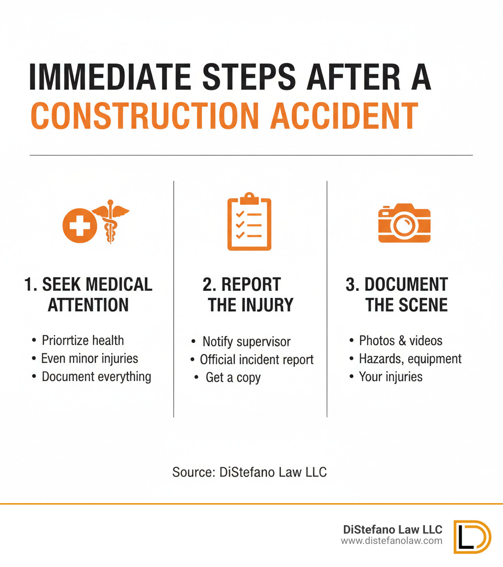 Infographic outlining the immediate steps to take after a construction accident - construction accident attorneys near me infographic 