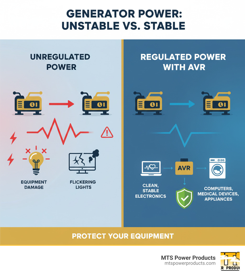 Infographic showing a generator with unstable voltage output on the left causing flickering lights and equipment damage, versus a generator with an AVR on the right providing clean, stable power to safely run sensitive electronics like computers, medical devices, and appliances - generator power regulator infographic 