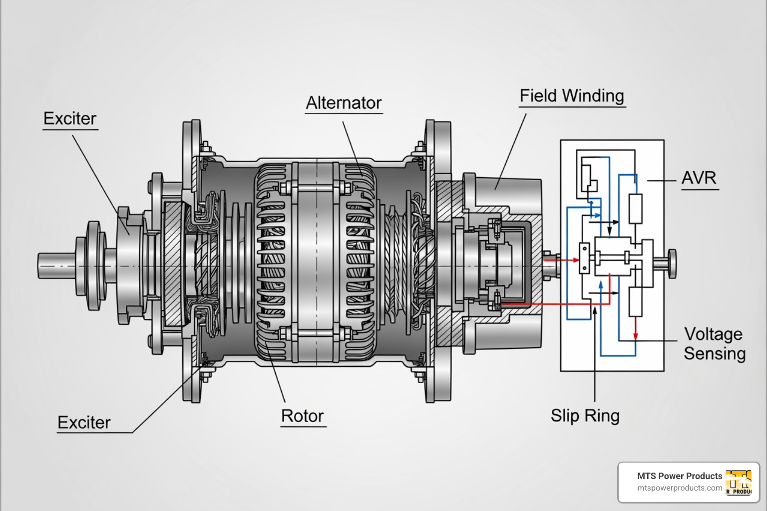 cutaway diagram of a generator showing the alternator, exciter, and AVR connection - generator power regulator