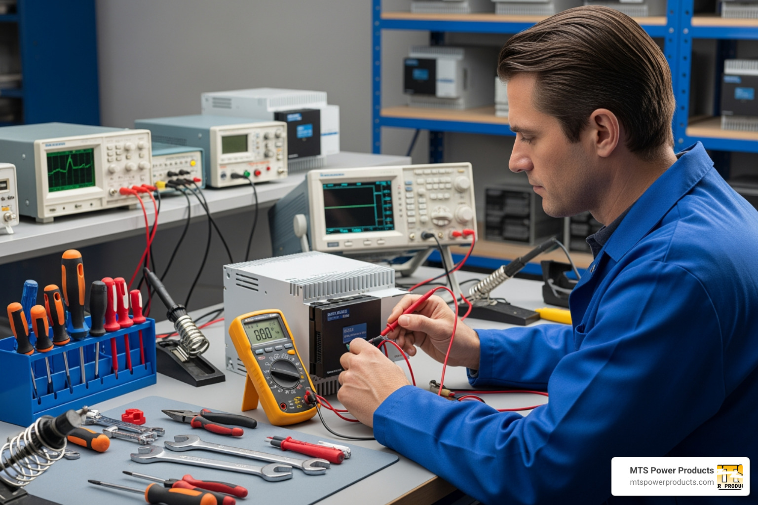 technician using a multimeter to test an AVR unit - generator power regulator