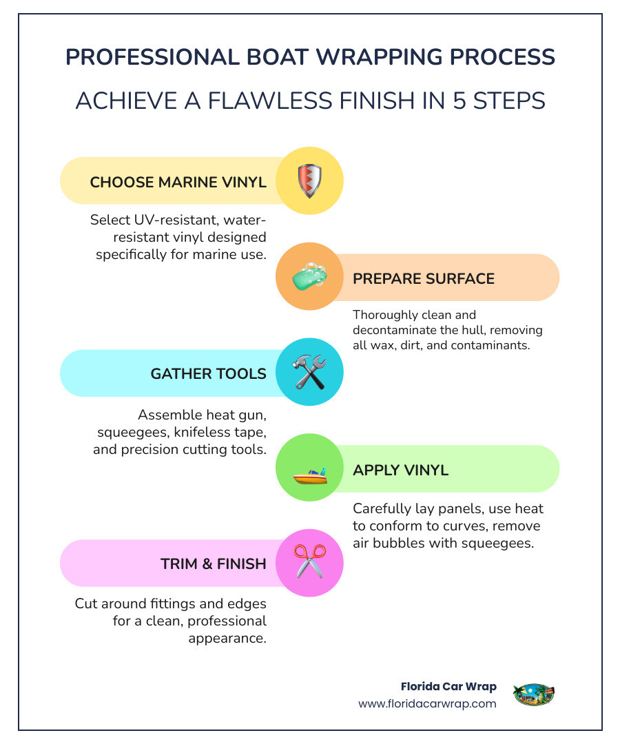 Boat vinyl wrapping process infographic showing the five main steps: selecting marine-grade vinyl materials, preparing and cleaning the hull surface, gathering professional installation tools including heat gun and squeegees, applying vinyl panels while removing air bubbles and conforming to curves, and finishing with precise trimming around fittings and edges - how to wrap boat infographic infographic-line-5-steps-colors