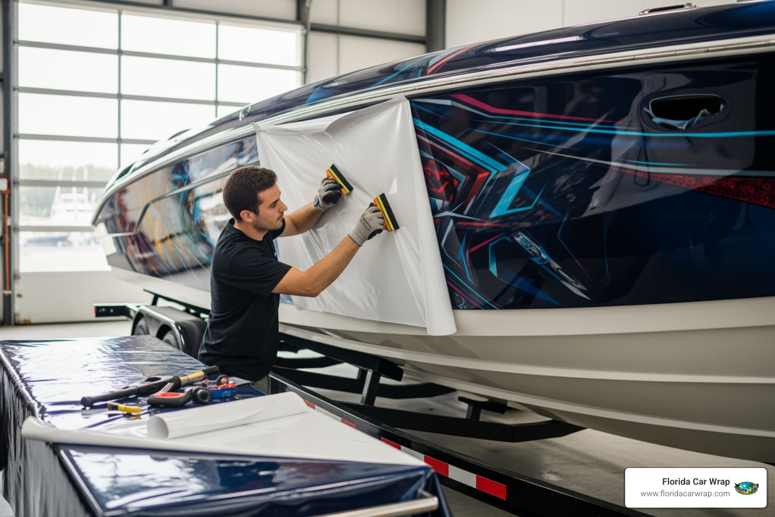 professional installer using a squeegee on a boat hull - how to wrap boat