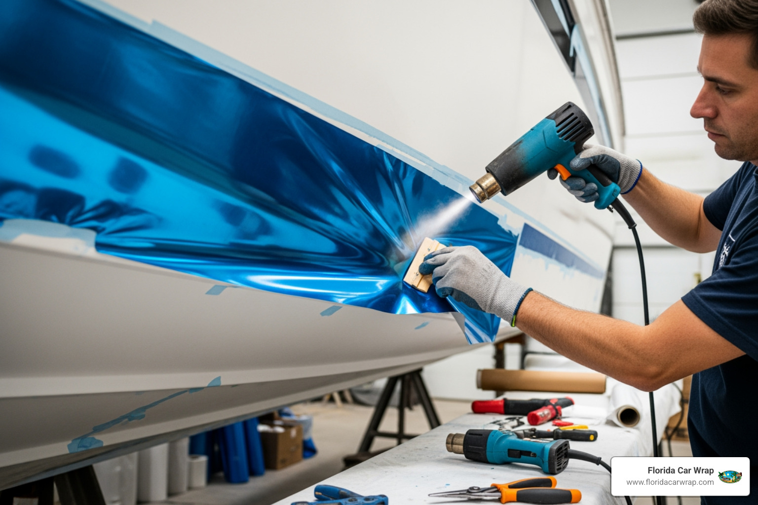 heat gun being used to conform vinyl around a complex curve on a boat - how to wrap boat