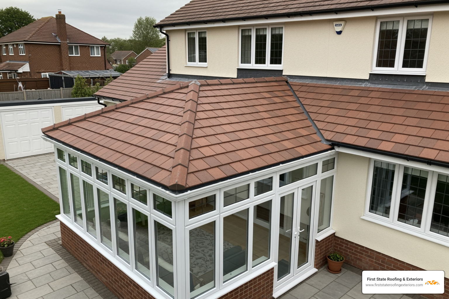 A beautiful conservatory in Lewes, DE, featuring a newly installed tiled roof that perfectly matches the main house's roofing, demonstrating seamless integration and enhanced curb appeal. - conservatory roof replacement lewes