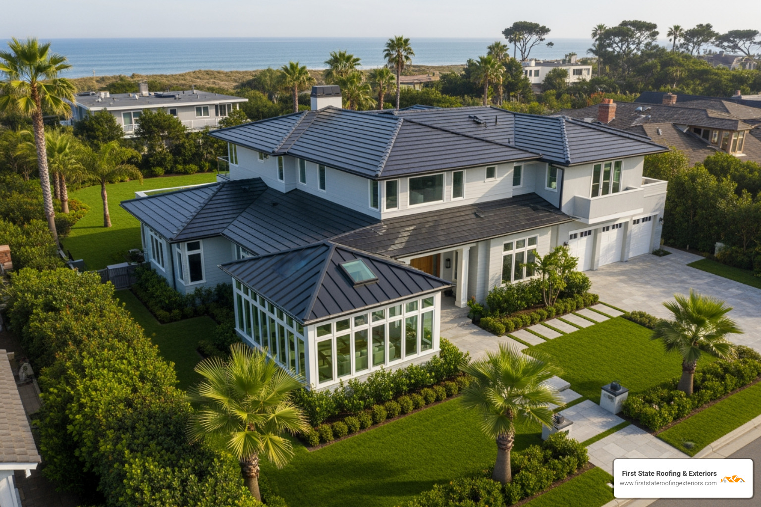 An aerial view of a beautifully renovated home in Lewes, DE, showcasing a modern conservatory with a new, sleek roof that perfectly complements the house, highlighting increased curb appeal and property value. - conservatory roof replacement lewes