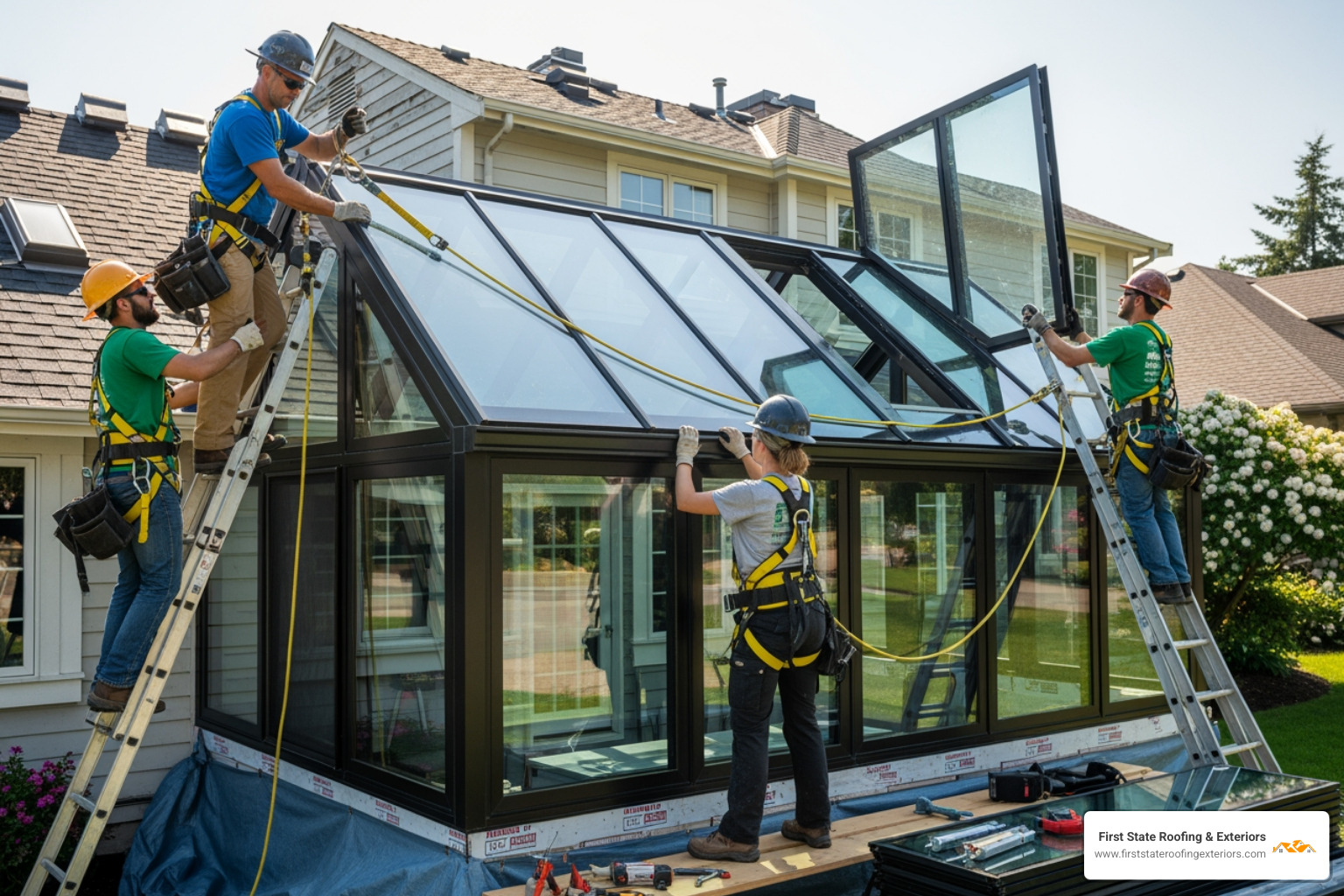 A professional roofing crew from First State Roofing & Exteriors, wearing OSHA-compliant safety harnesses, carefully installing a new, insulated conservatory roof on a home in Lewes, DE. - conservatory roof replacement lewes