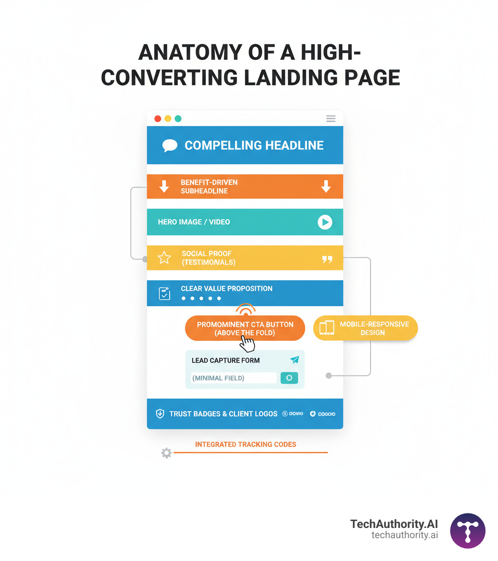 Infographic showing the anatomy of a high-converting GoHighLevel landing page with labeled sections: compelling headline at top, benefit-driven subheadline, hero image or video, social proof section with testimonials, clear value proposition with bullet points, prominent CTA button above the fold, lead capture form with minimal fields, mobile-responsive design elements, trust badges and client logos at bottom, and integrated tracking codes - Go High Level landing pages infographic Infographic showing the anatomy of a high-converting GoHighLevel landing page with labeled sections: compelling headline at top, benefit-driven subheadline, hero image or video, social proof section with testimonials, clear value proposition with bullet points, prominent CTA button above the fold, lead capture form with minimal fields, mobile-responsive design elements, trust badges and client logos at bottom, and integrated tracking codes - Go High Level landing pages infographic