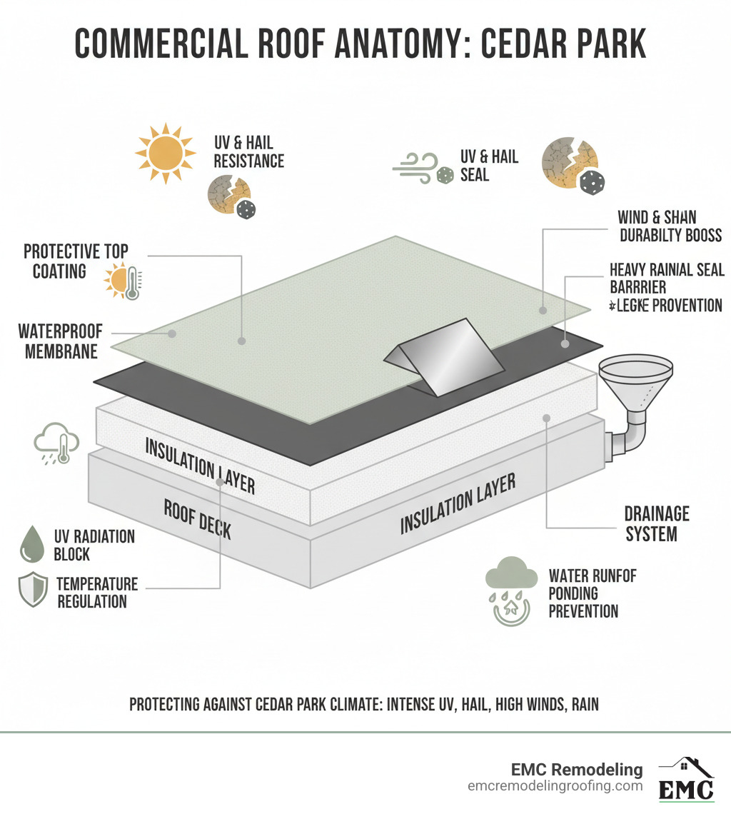 Infographic showing the anatomy of a commercial roofing system including the roof deck, insulation layer, waterproof membrane, flashing around penetrations, drainage system, and protective top coating, with labels indicating how each component protects against Cedar Park's intense UV radiation, hail damage, high winds, and heavy rainfall - commercial roofing cedar park tx infographic 