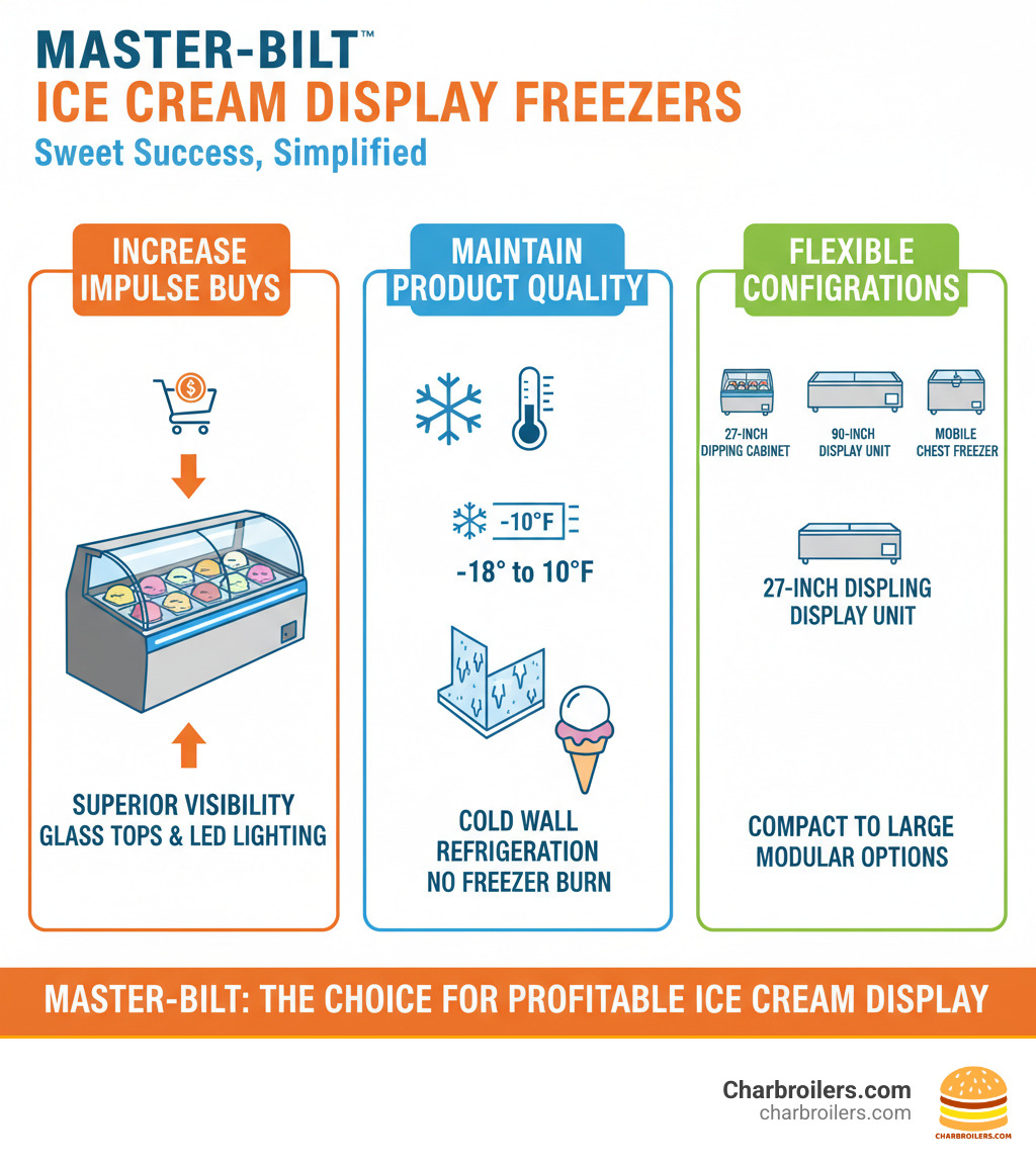 infographic showing how Master-Bilt ice cream display freezers increase impulse purchases through superior visibility with glass tops and LED lighting, maintain product quality with cold wall refrigeration at -18° to 10°F, and offer flexible configurations from compact 27-inch dipping cabinets to 90-inch display units with mobile chest freezer options - master bilt ice cream display freezer infographic 