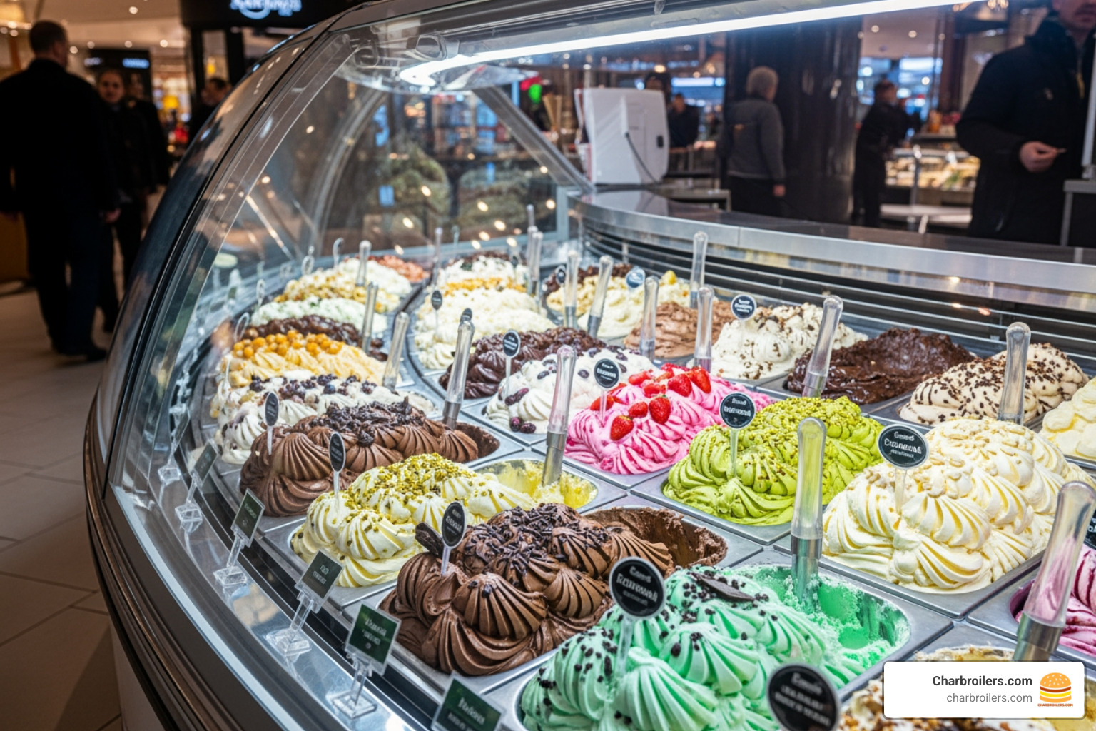 Master-Bilt curved glass freezer in a high-traffic retail environment - master bilt ice cream display freezer