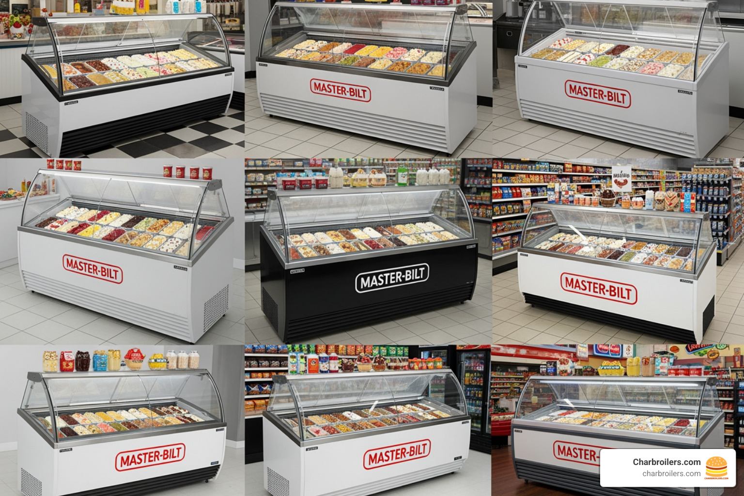 collage showing the different types of Master-Bilt freezers - master bilt ice cream display freezer