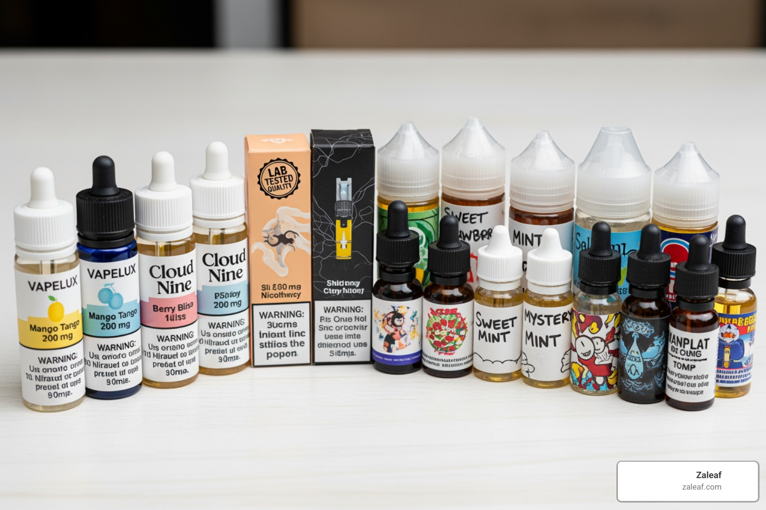 assortment of vape liquids, some appearing professionally packaged and lab-tested, others looking like illicit or homemade products - are cbd vape pens bad for you