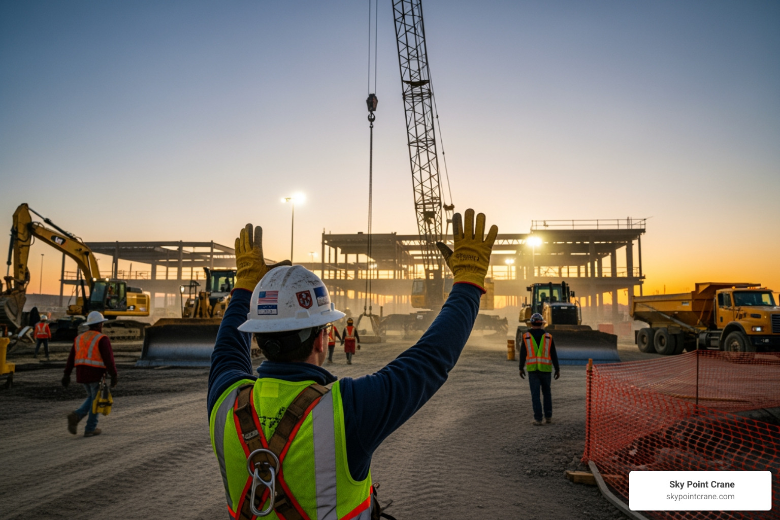 certified rigger giving hand signals to a crane operator - Equipment relocation services certified rigger giving hand signals to a crane operator - Equipment relocation services