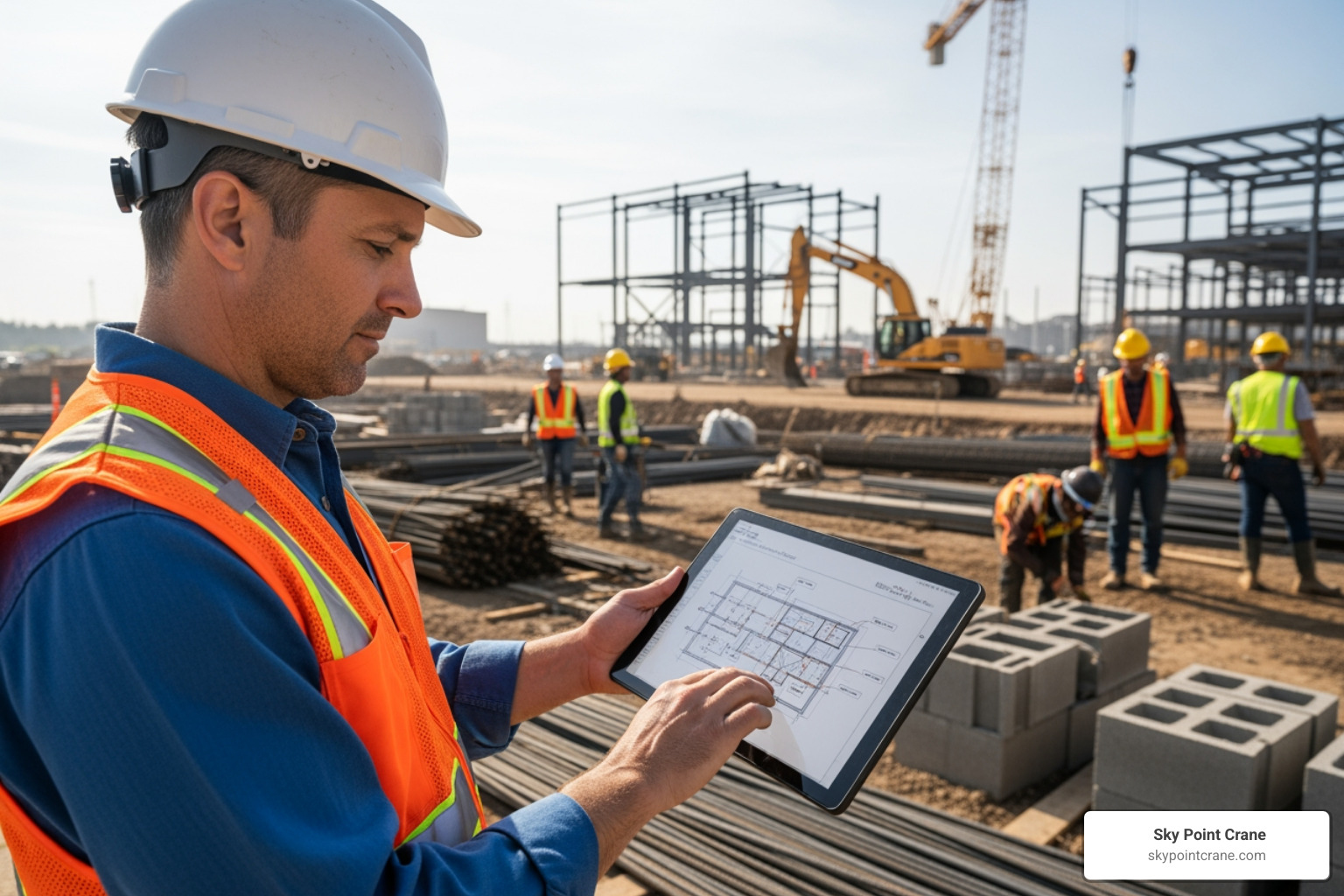 project manager reviewing plans on a tablet at a job site - Equipment relocation services project manager reviewing plans on a tablet at a job site - Equipment relocation services