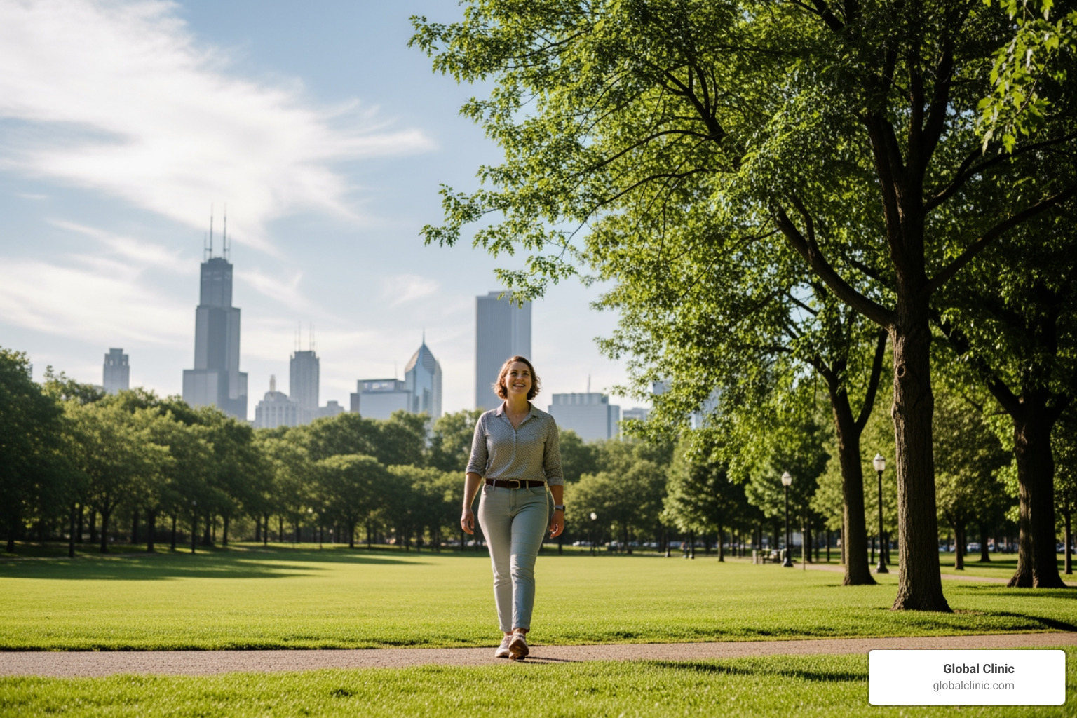 Person enjoying a pain-free walk in a Chicago park - Podiatrist Chicago IL