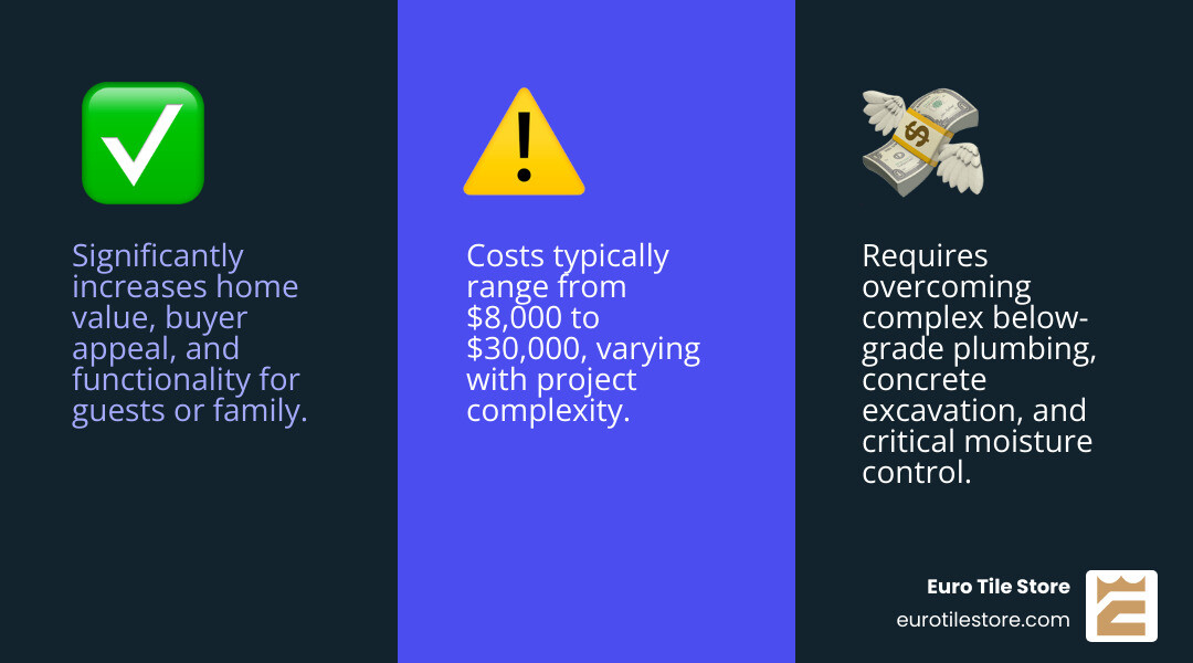 Infographic showing the pros of adding a basement bathroom including increased home value and convenience, cons including plumbing complexity and concrete excavation requirements, and average cost breakdown from basic installations at eight thousand dollars to complete overhauls at thirty thousand dollars - add a bathroom to a basement infographic 3_facts_emoji_blue