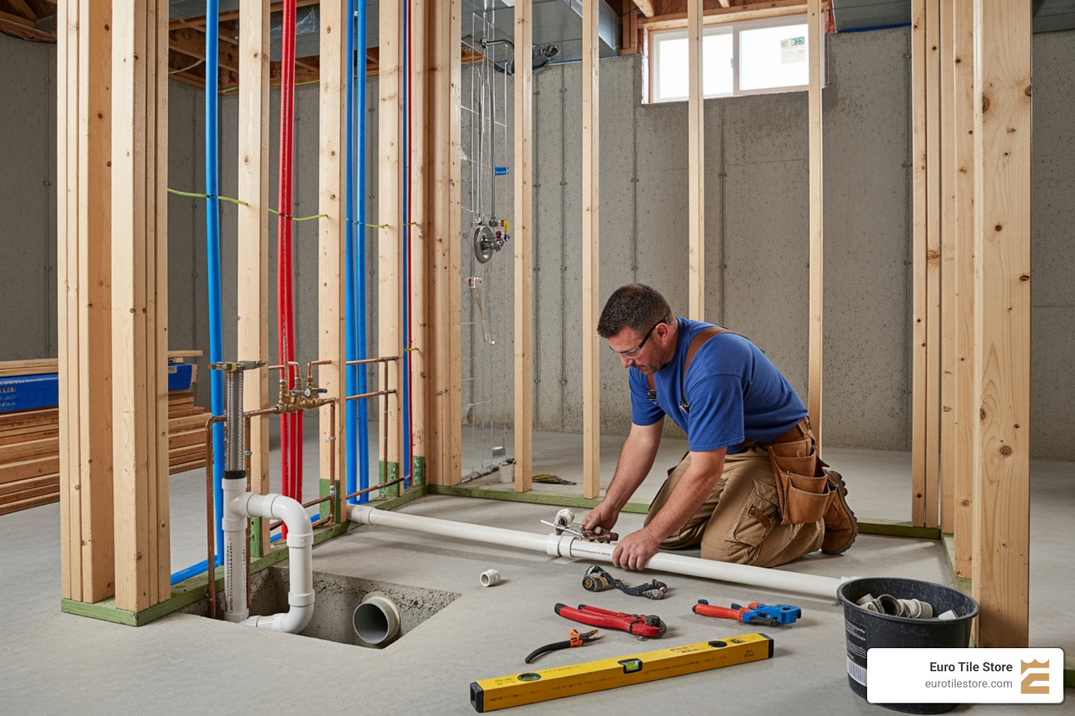 professional plumber working on rough-in plumbing - add a bathroom to a basement