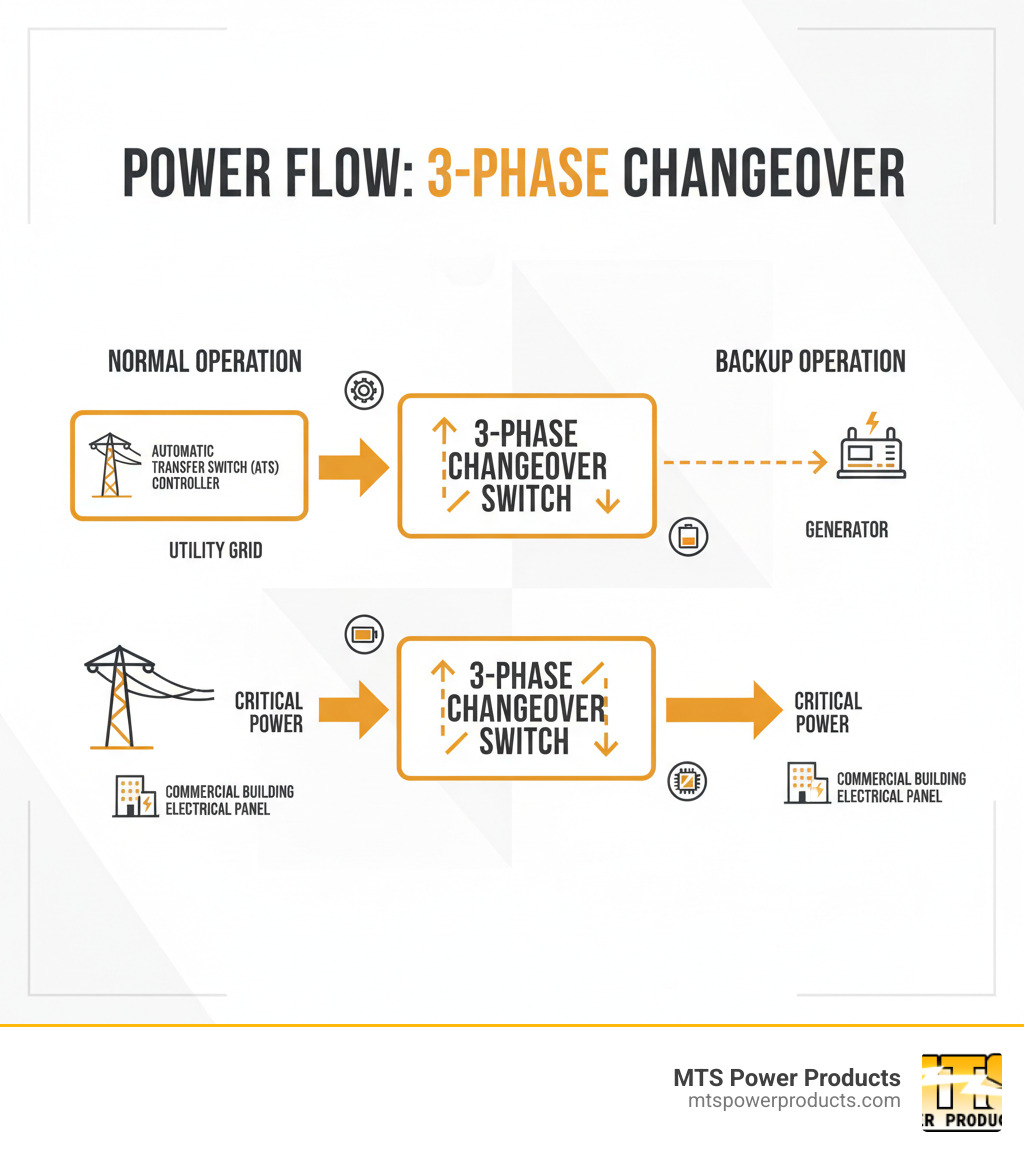 Infographic showing power flow from utility grid through a three-phase generator changeover switch to a commercial building's electrical panel, with arrows indicating normal operation (utility power) and backup operation (generator power), including key components like the transfer switch controller, generator, and main distribution panel - generator changeover switch 3 phase infographic Infographic showing power flow from utility grid through a three-phase generator changeover switch to a commercial building's electrical panel, with arrows indicating normal operation (utility power) and backup operation (generator power), including key components like the transfer switch controller, generator, and main distribution panel - generator changeover switch 3 phase infographic