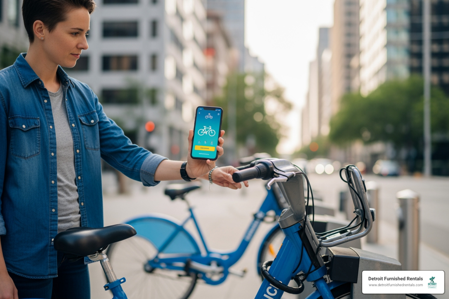 person using a smartphone app to open up a bike from a public docking station - Bike rentals Detroit