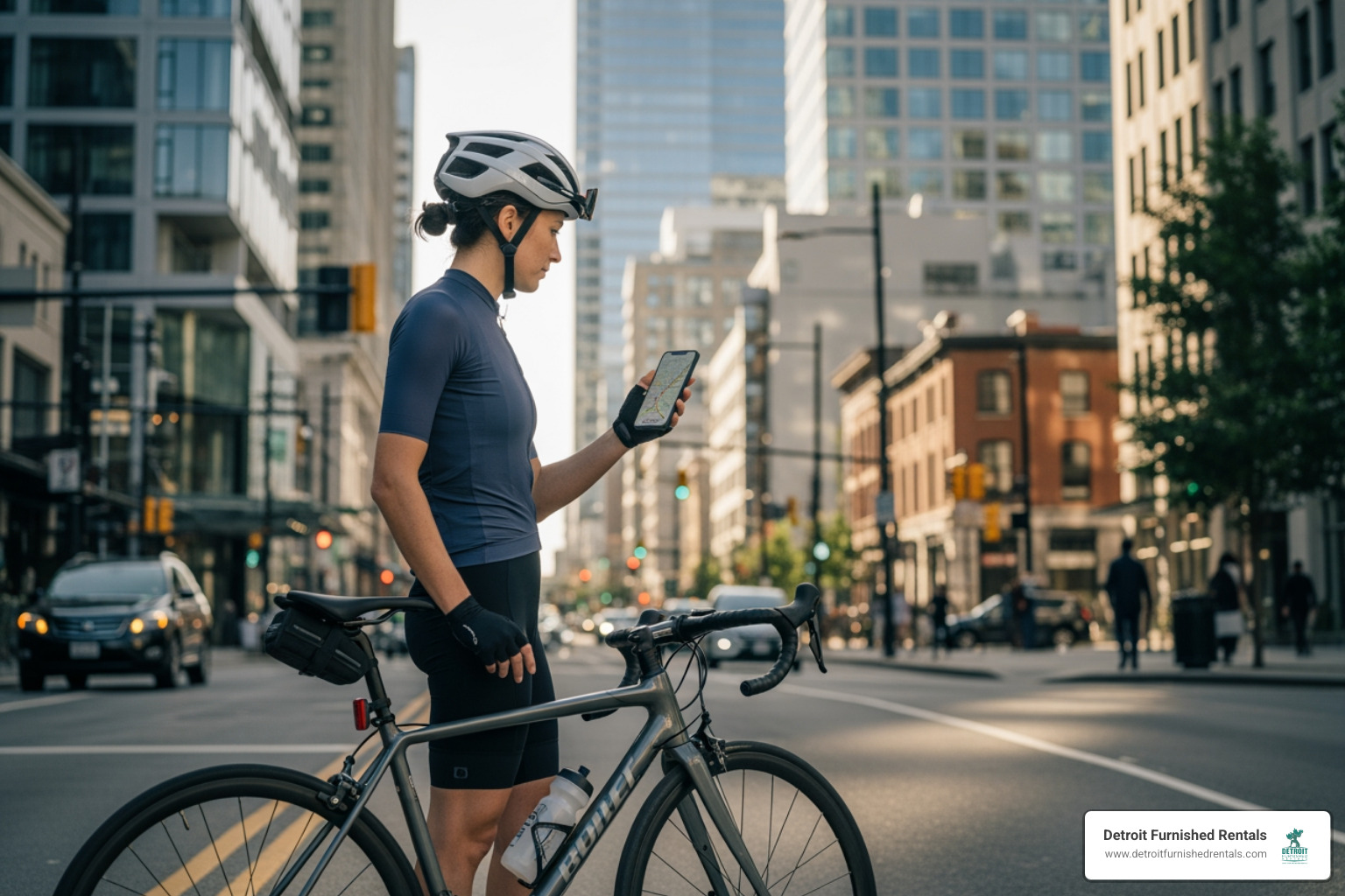cyclist wearing a helmet and checking a map on their phone before a ride - Bike rentals Detroit