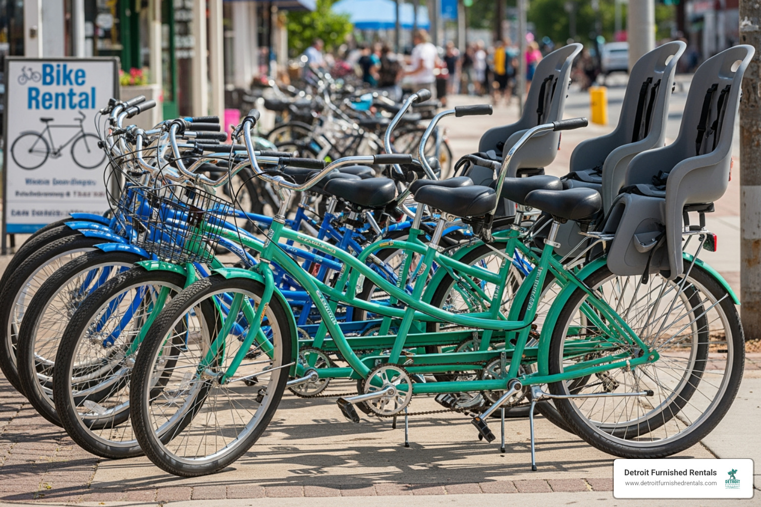diverse lineup of rental bikes including cruisers, tandems, and bikes with child seats - Bike rentals Detroit