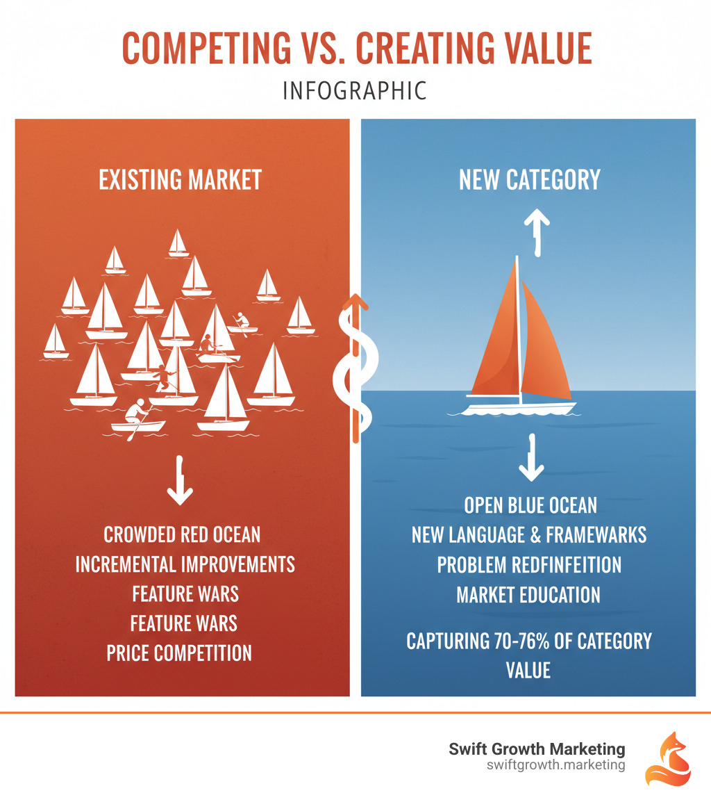 Infographic showing the key differences between competing in an existing market (crowded red ocean with multiple boats fighting for space, incremental improvements, feature wars, price competition) versus creating a new category (open blue ocean with a single boat, new language and frameworks, problem redefinition, market education, capturing 70-76% of category value) - category defining brand infographic Infographic showing the key differences between competing in an existing market (crowded red ocean with multiple boats fighting for space, incremental improvements, feature wars, price competition) versus creating a new category (open blue ocean with a single boat, new language and frameworks, problem redefinition, market education, capturing 70-76% of category value) - category defining brand infographic
