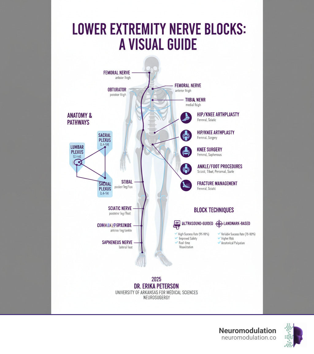 Comprehensive guide to lower extremity nerve blocks showing the lumbar and sacral plexuses, major nerve pathways (femoral, sciatic, obturator, saphenous, tibial, peroneal, sural), their anatomical locations from hip to foot, corresponding surgical indications for each nerve territory, and a comparison of block techniques including ultrasound-guided versus landmark-based approaches with their respective success rates and safety profiles - Lower extremity blocks infographic 