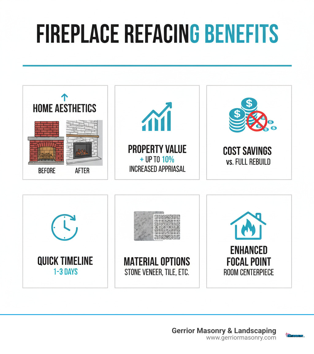 infographic showing the key benefits of brick fireplace refacing including improved home aesthetics with before/after comparison, increased property value percentage, cost savings versus full rebuild with dollar signs, quick project timeline of 1-3 days, variety of material options like stone veneer and tile, and enhanced room focal point appeal - Brick fireplace refacing infographic 