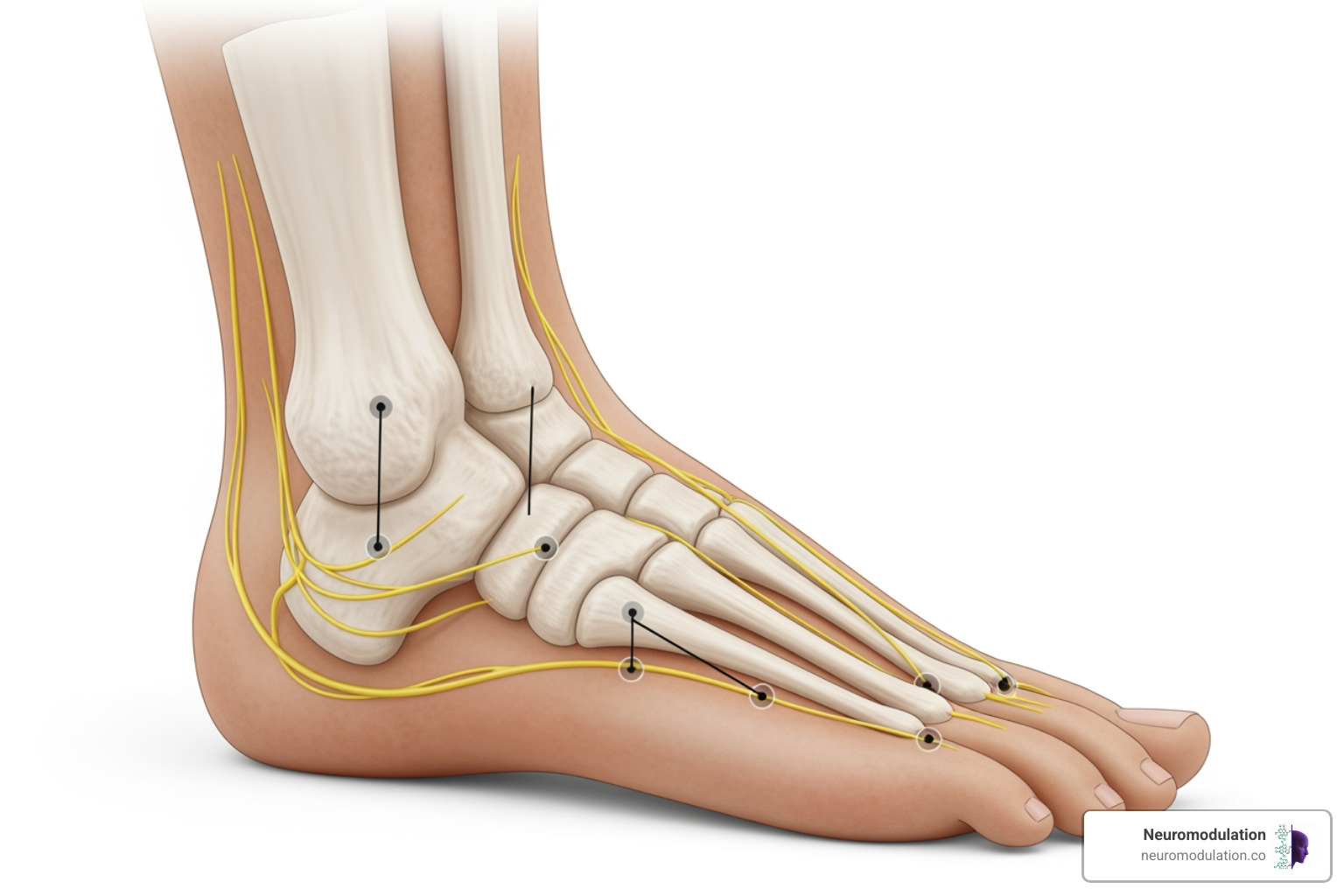 Ankle block showing the 5 injection sites for a complete ankle block - Lower extremity blocks