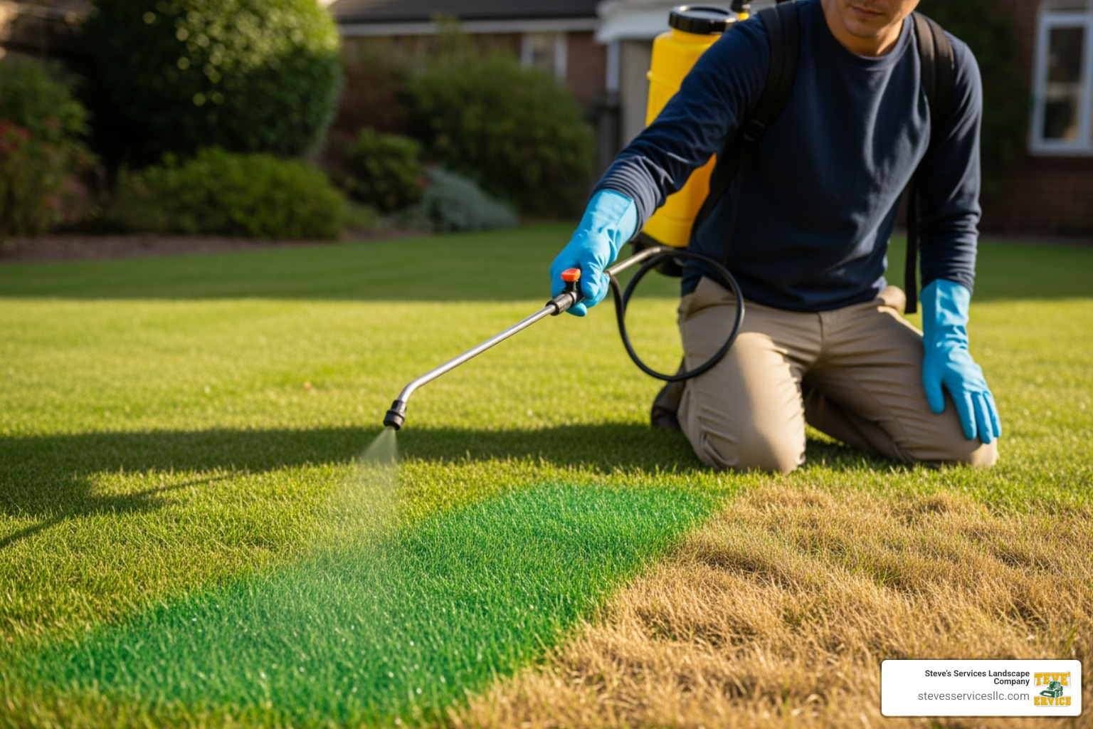 A person wearing protective gloves and glasses, using a backpack pump sprayer to apply green grass spray evenly across a brown patch of lawn, blending it with the surrounding green grass. - green grass spray A person wearing protective gloves and glasses, using a backpack pump sprayer to apply green grass spray evenly across a brown patch of lawn, blending it with the surrounding green grass. - green grass spray