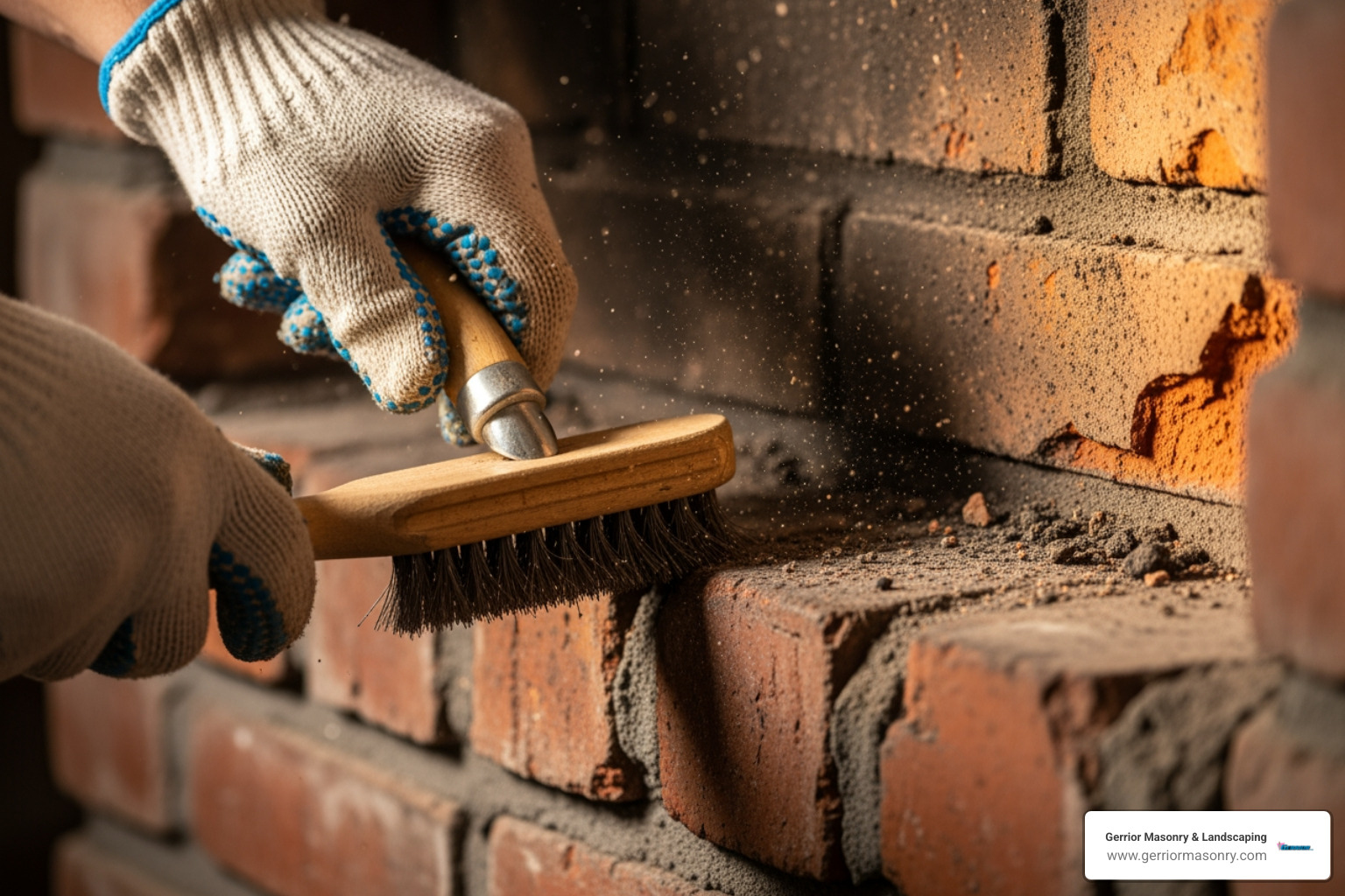 brick surface being prepped with a wire brush - Brick fireplace refacing