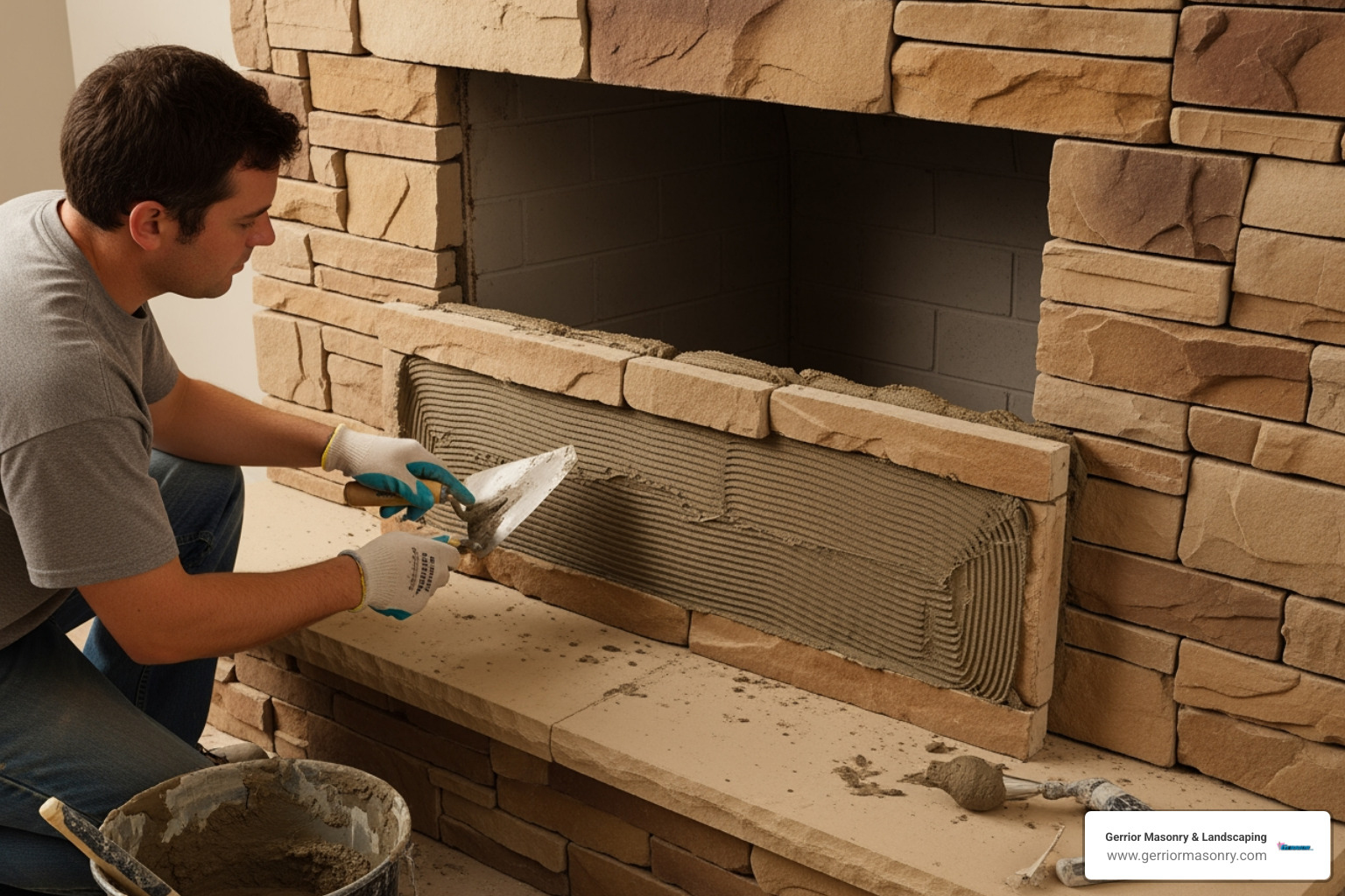 person applying mortar and setting a stone veneer piece - Brick fireplace refacing