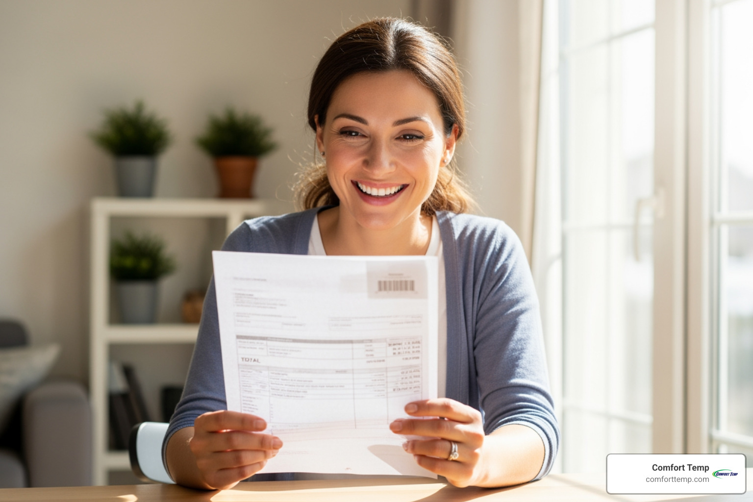 homeowner smiling at a lower electricity bill - AC maintenance plan homeowner smiling at a lower electricity bill - AC maintenance plan