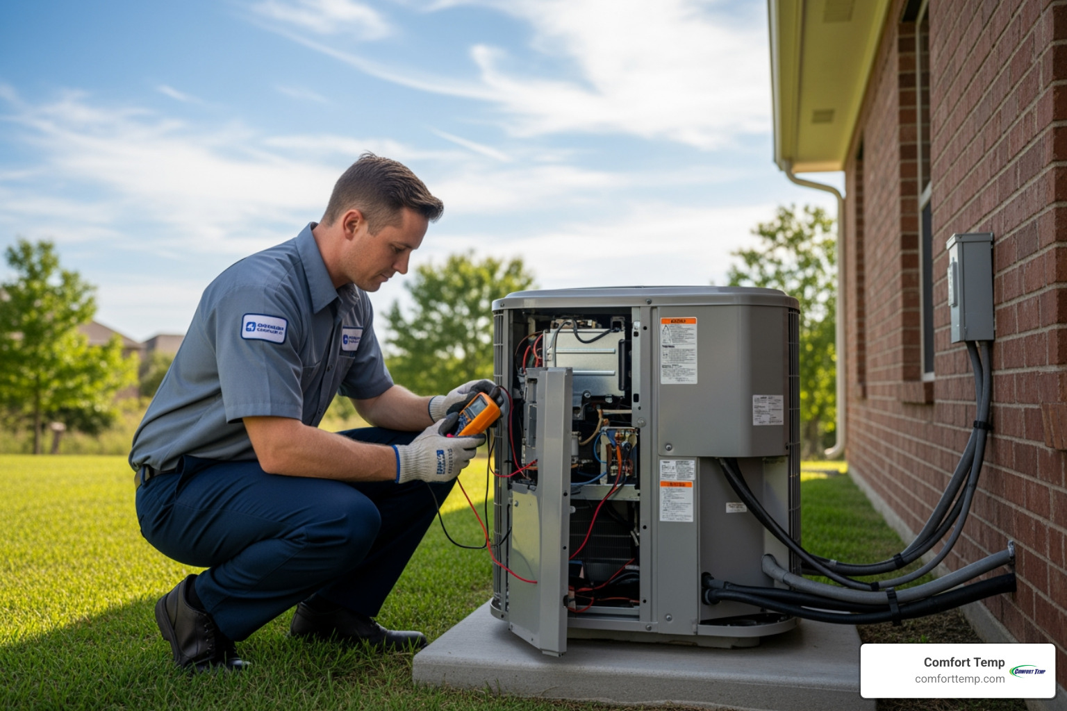 certified technician inspecting outdoor AC unit - AC maintenance plan certified technician inspecting outdoor AC unit - AC maintenance plan
